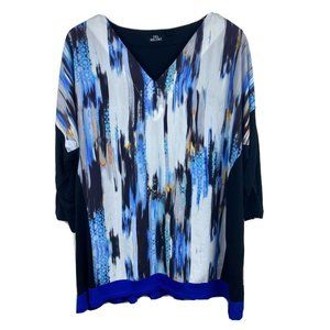 Via Milano Womens 2X Blue Black Orange Geometric Vertical Print Tunic Top